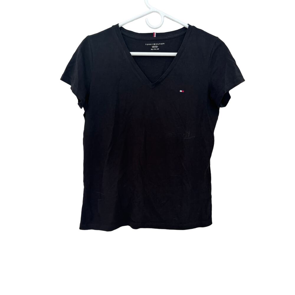 Tommy Hilfiger Preppy  V Neck Women's Tee Shirt Sz XS Black Short Sleeve